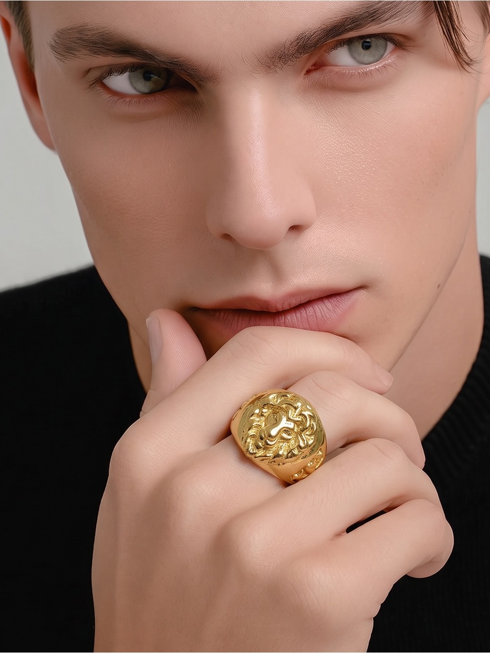 Gold Plated .750 Sterling Silver Base Lion Signet Ring Size 12-3/4 Unisex